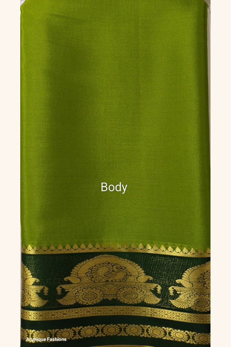 Pure Mysore Silk Saree Silk Mark Certified - Olive Green Body with Dark Green Maharaja Throne Border