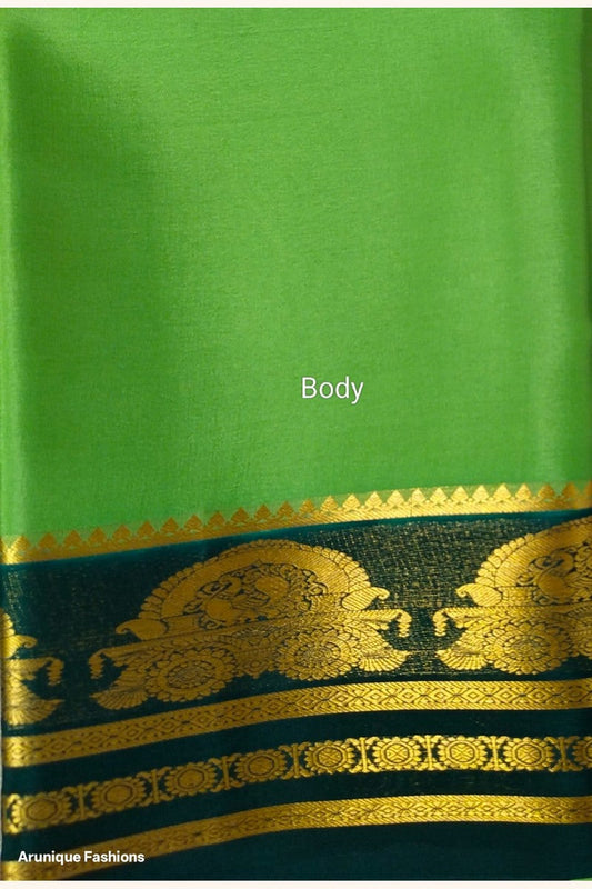 Pure Mysore Silk Saree Silk Mark Certified - Parrot Green Body with Dark Teal Maharaja Throne Border