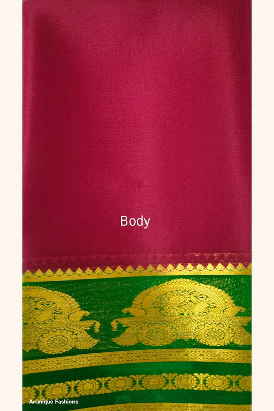 Pure Mysore Silk Saree Silk Mark Certified - Rani Pink Body with Bottle Green Maharaja Throne Border