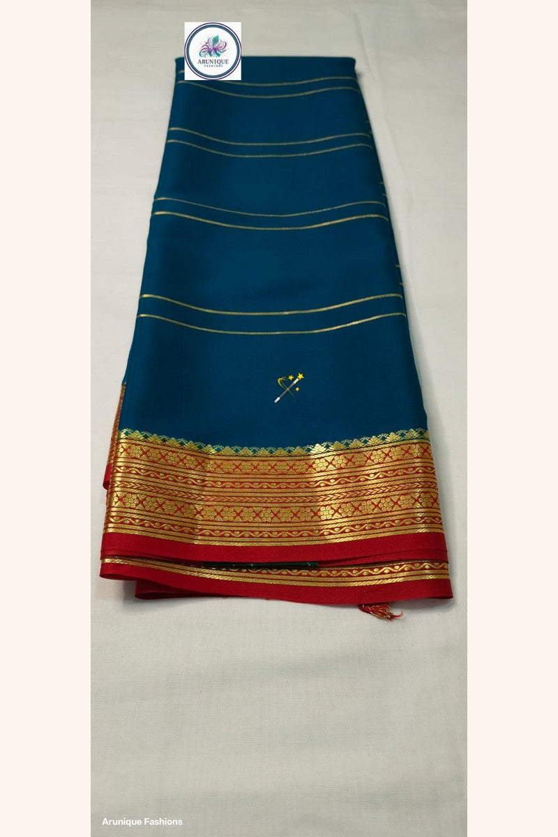 Pure Mysore Silk Saree teal blue body with golden katti zari border – Silk Mark certified, 120 GSM