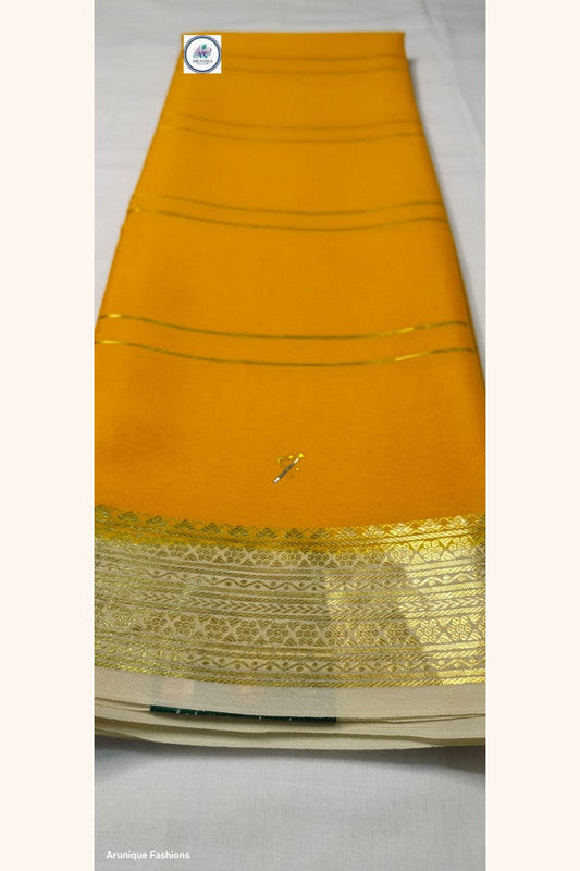 Pure Mysore Silk Saree turmeric yellow body with golden katti zari border – Silk Mark certified, 120 GSM