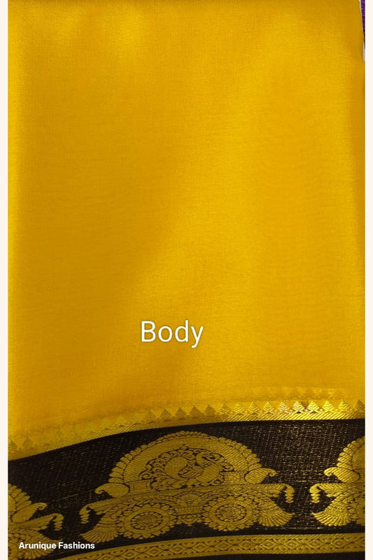 Pure Mysore Silk Saree Silk Mark Certified - Yellow Body with Dark Chocolate Brown Maharaja Throne Motif Border