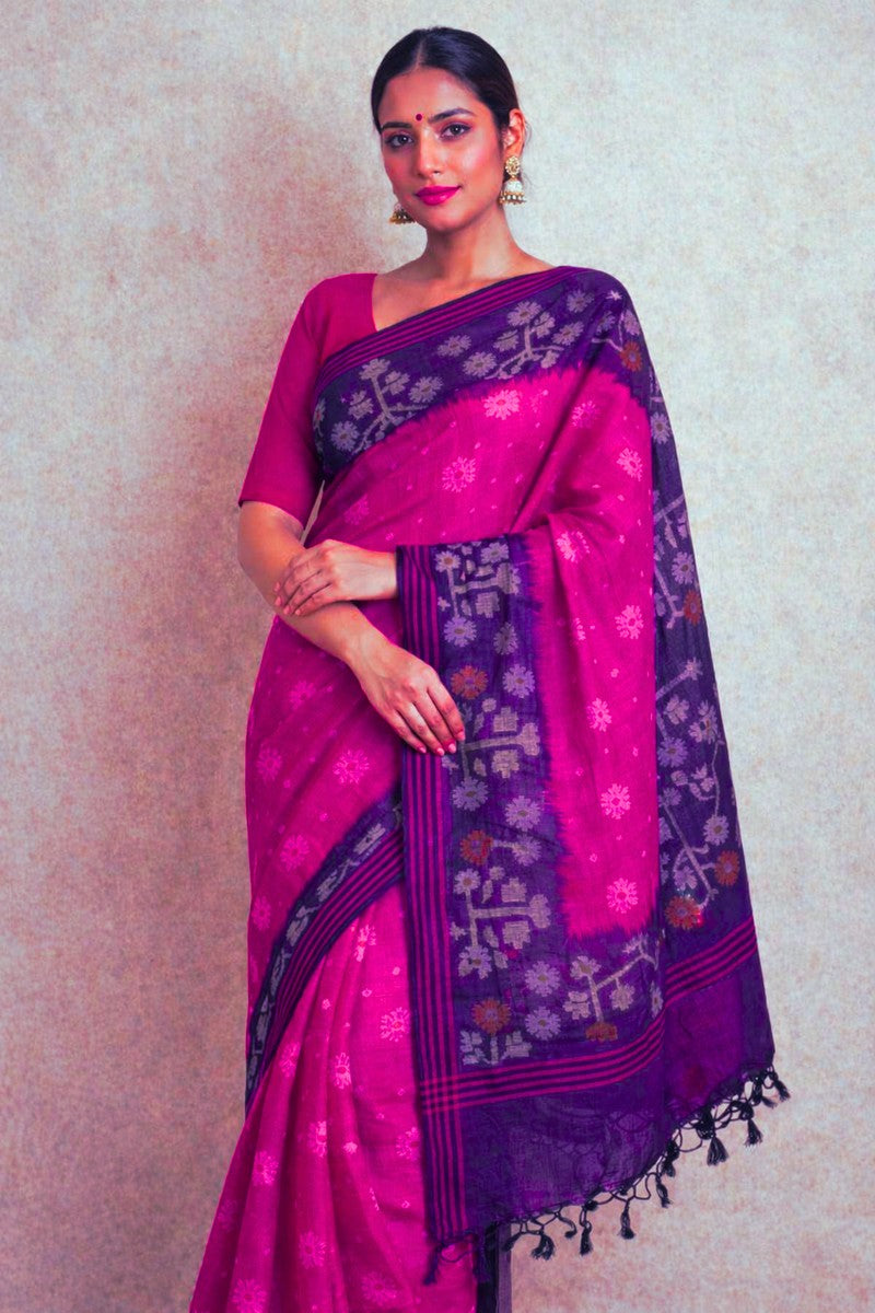 Pure Tussar Silk Saree hot pink body with royal purple ikat border – model wearing full length Nivi drape