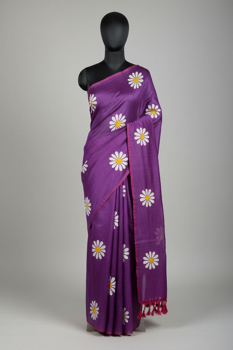 Mannequin display of dual tone purple sunflower khadi saree without border