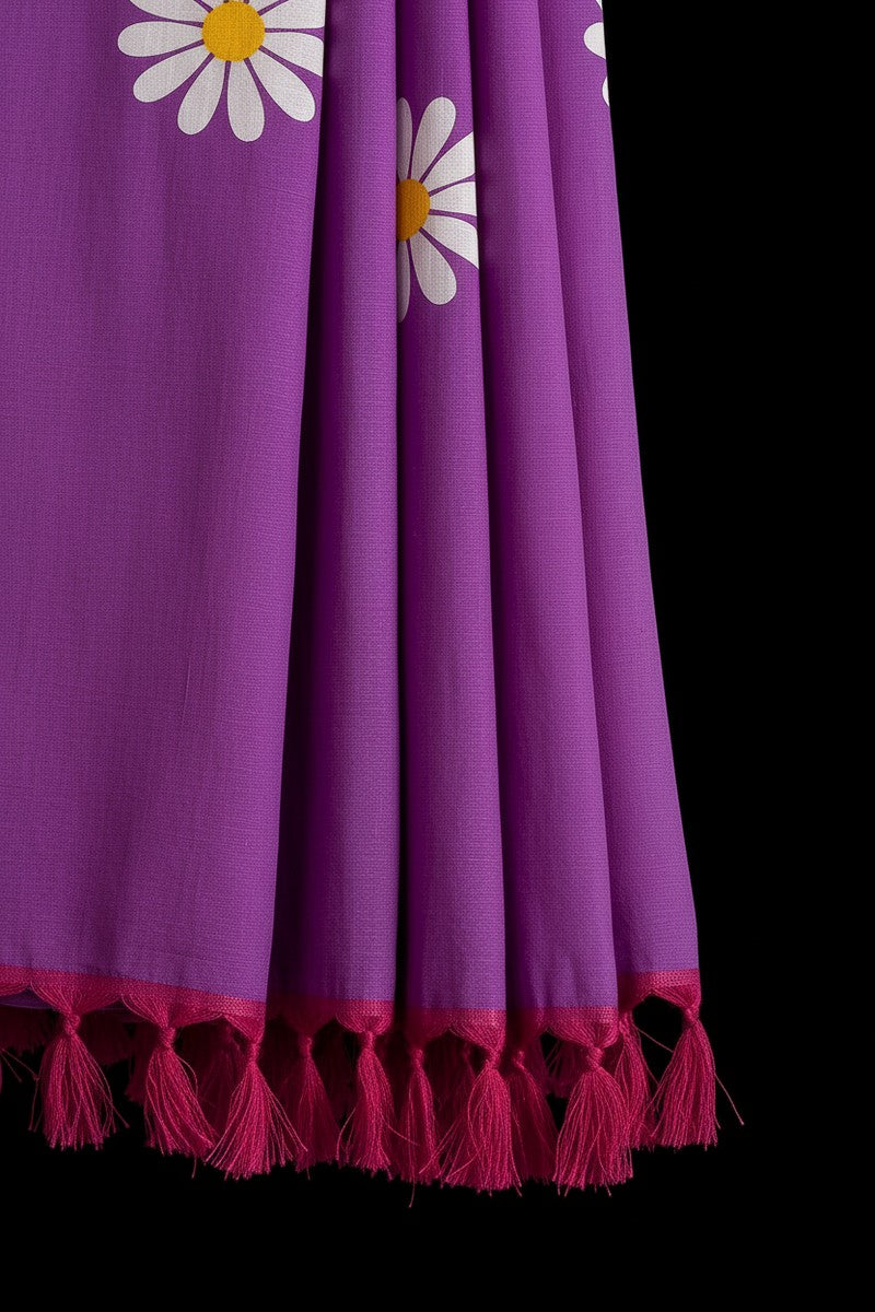 Pleats close-up with magenta tassels on purple sunflower khadi saree