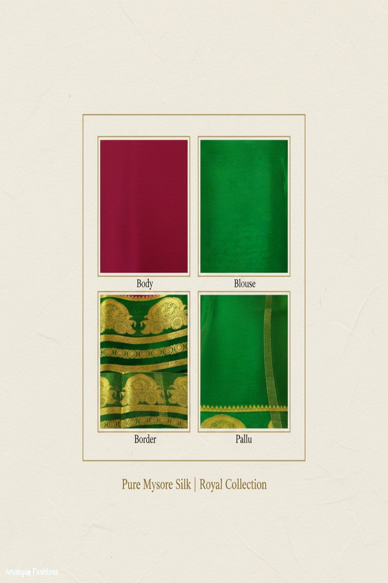 Pure Mysore Silk Saree Silk Mark Certified - Royal Collection Detail Card Rani Pink Body Bottle Green Border Pallu Blouse