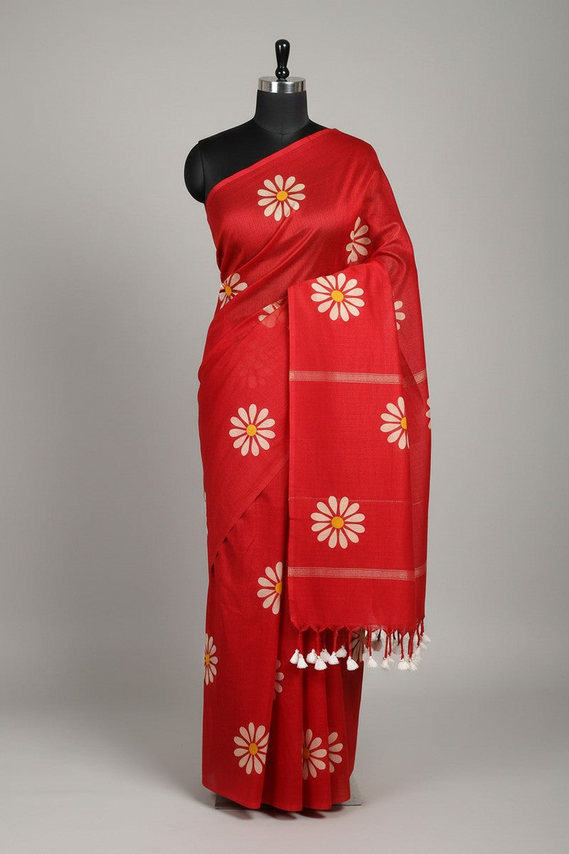 Mannequin display of red sunflower khadi saree with pallu and tassels