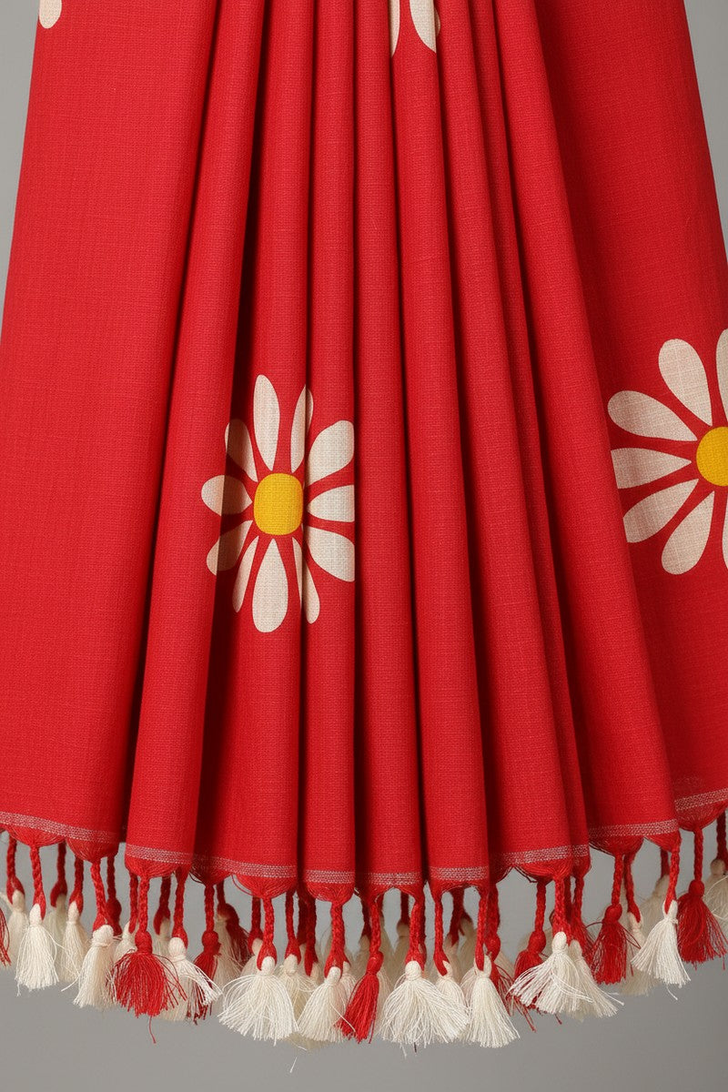 Pleats detail with red and white tassels on red sunflower khadi saree