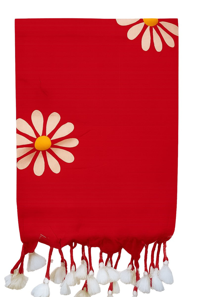 Close-up of block print texture on red sunflower khadi fabric