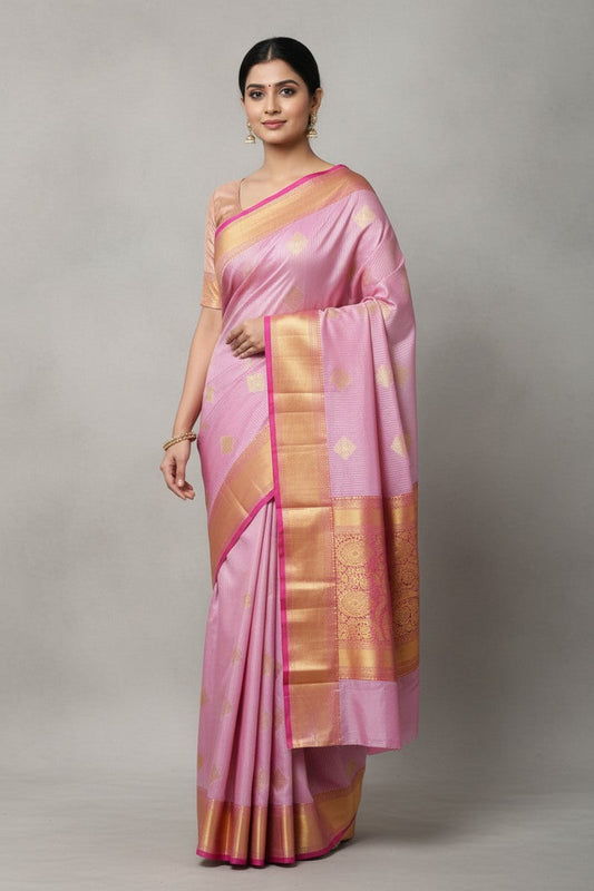 Rose Pink Golden Diamond Semi-Silk Saree - Model Shot