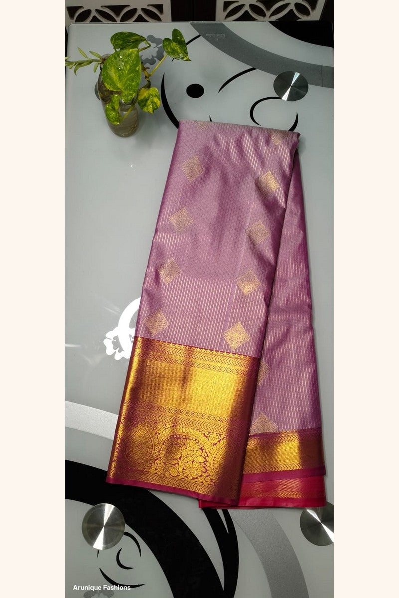 Rose Pink Golden Diamond Semi-Silk Saree - Saree Display on Glass Table