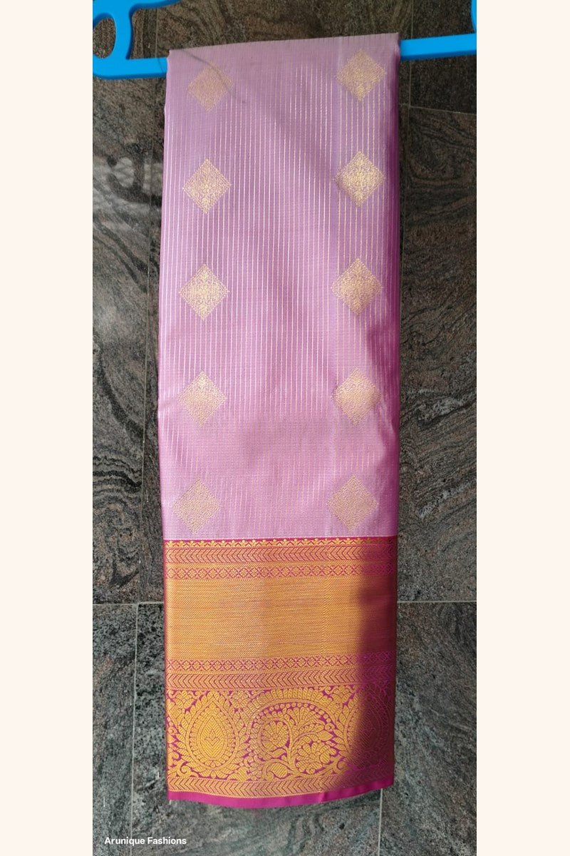 Rose Pink Golden Diamond Semi-Silk Saree - Saree on Hanger with Wide Border Display
