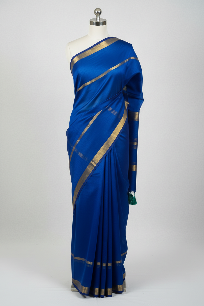 Royal blue double zari mul cotton saree displayed on mannequin showing elegant drape with dual golden borders