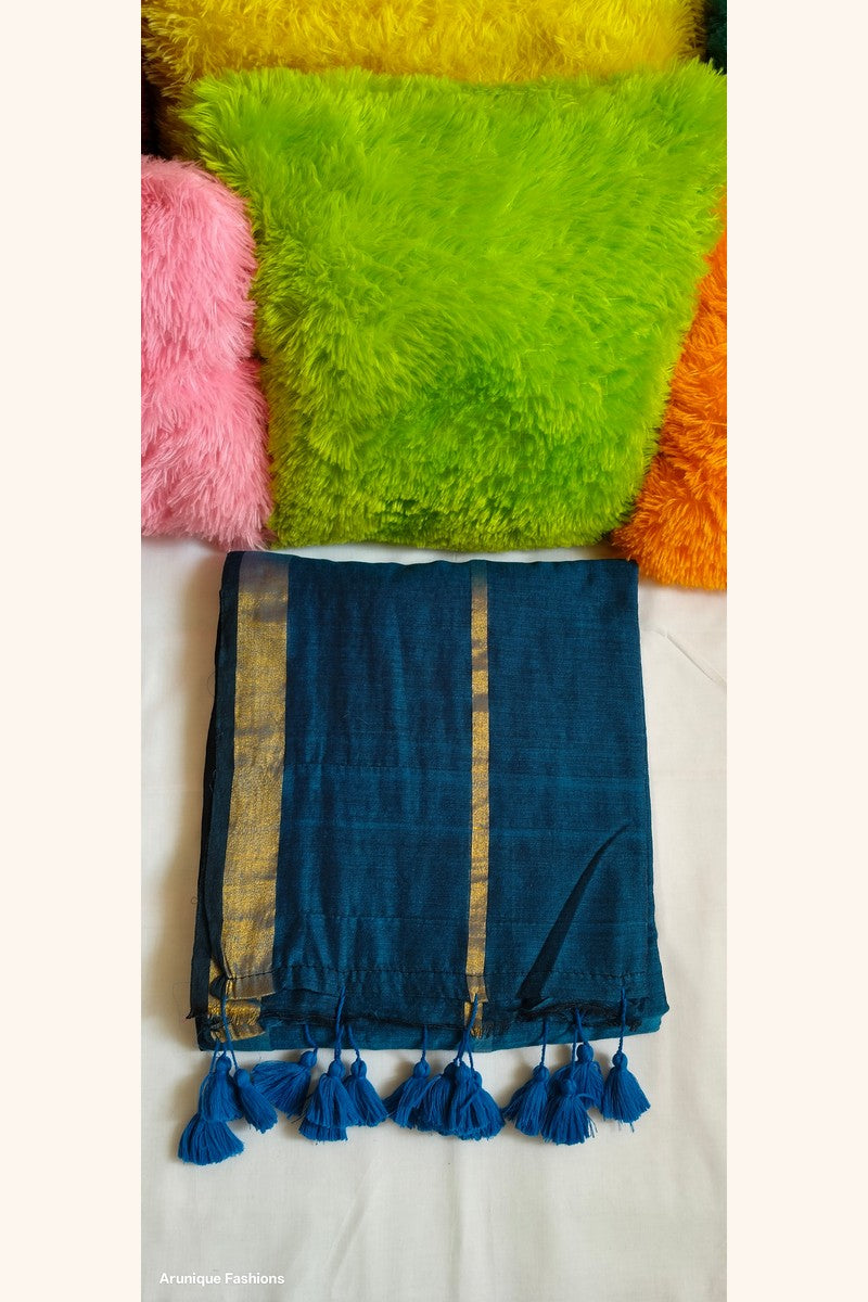 Royal blue mul cotton saree with double golden zari work - fabric detail and traditional borders