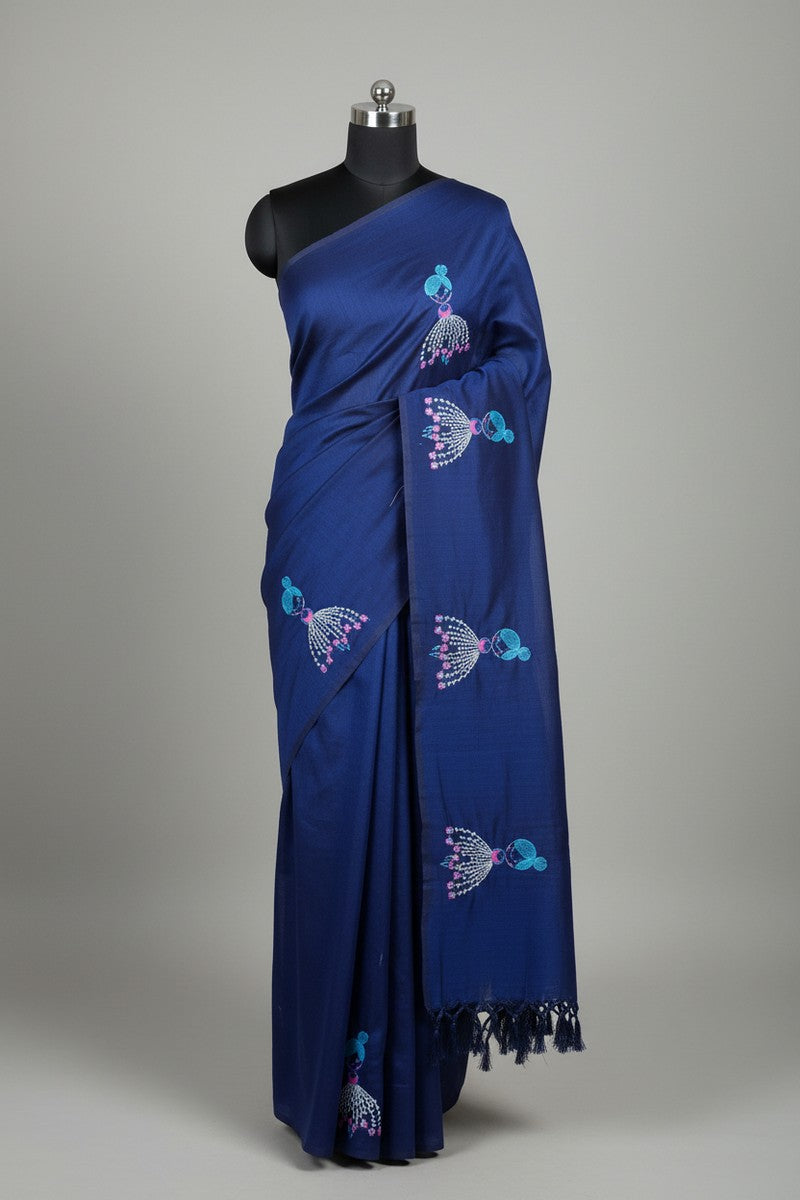 Mannequin display of royal blue baby doll motif khadi saree
