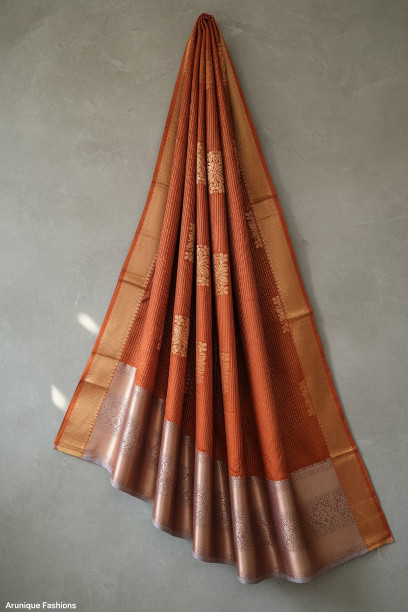 Rust Orange Golden Shimmer Semi-Silk Saree - Elegant Drape Display