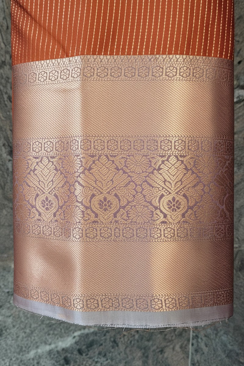 Rust Orange Golden Shimmer Semi-Silk Saree - Golden Zari Border Close-up