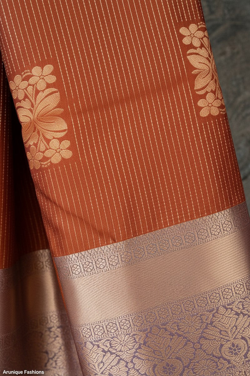 Rust Orange Golden Shimmer Semi-Silk Saree - Striped Fabric with Floral Motifs Detail