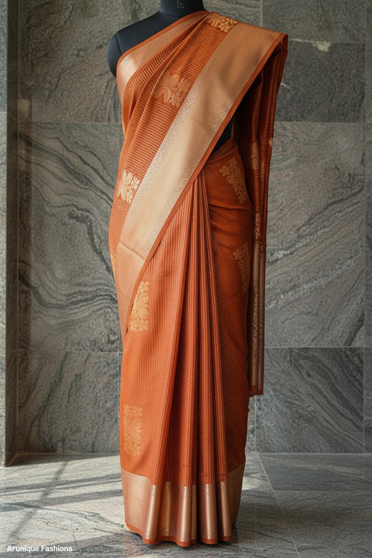Rust Orange Golden Shimmer Semi-Silk Saree - Vertical Stripes with Golden Zari Border