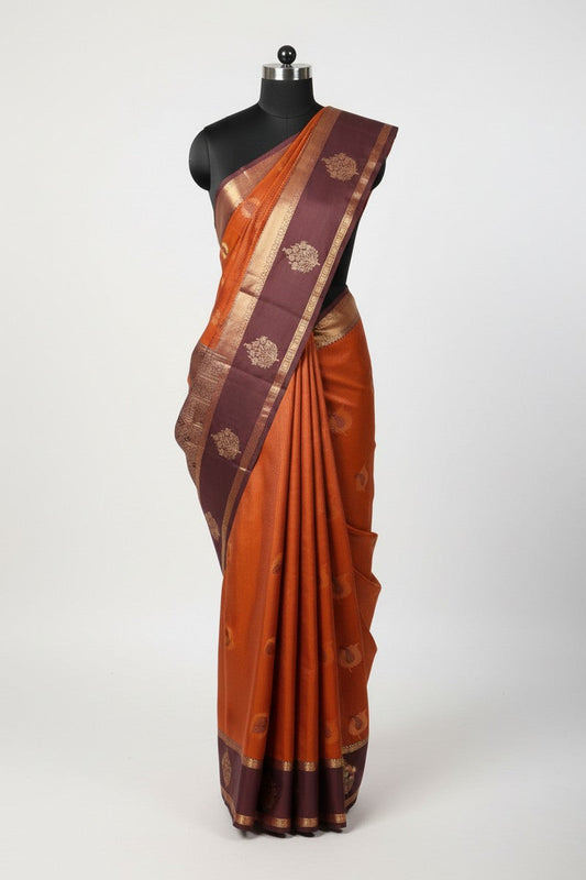 Rust Orange Ombre Semi-Silk Saree - Mannequin Display