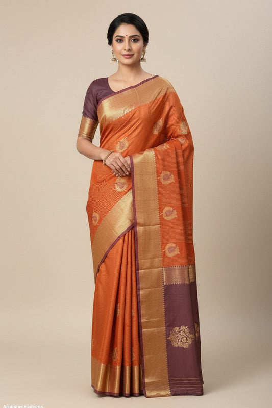 Rust Orange Ombre Semi-Silk Saree - Model Wearing Full Drape