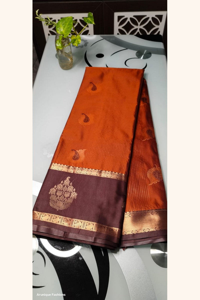 Rust Orange Ombre Semi-Silk Saree - Saree Display on Glass Table