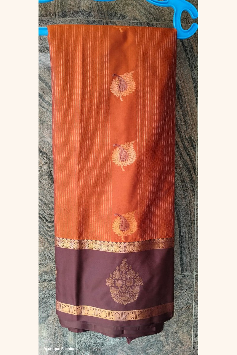 Rust Orange Ombre Semi-Silk Saree - Saree on Hanger with Wide Border Display
