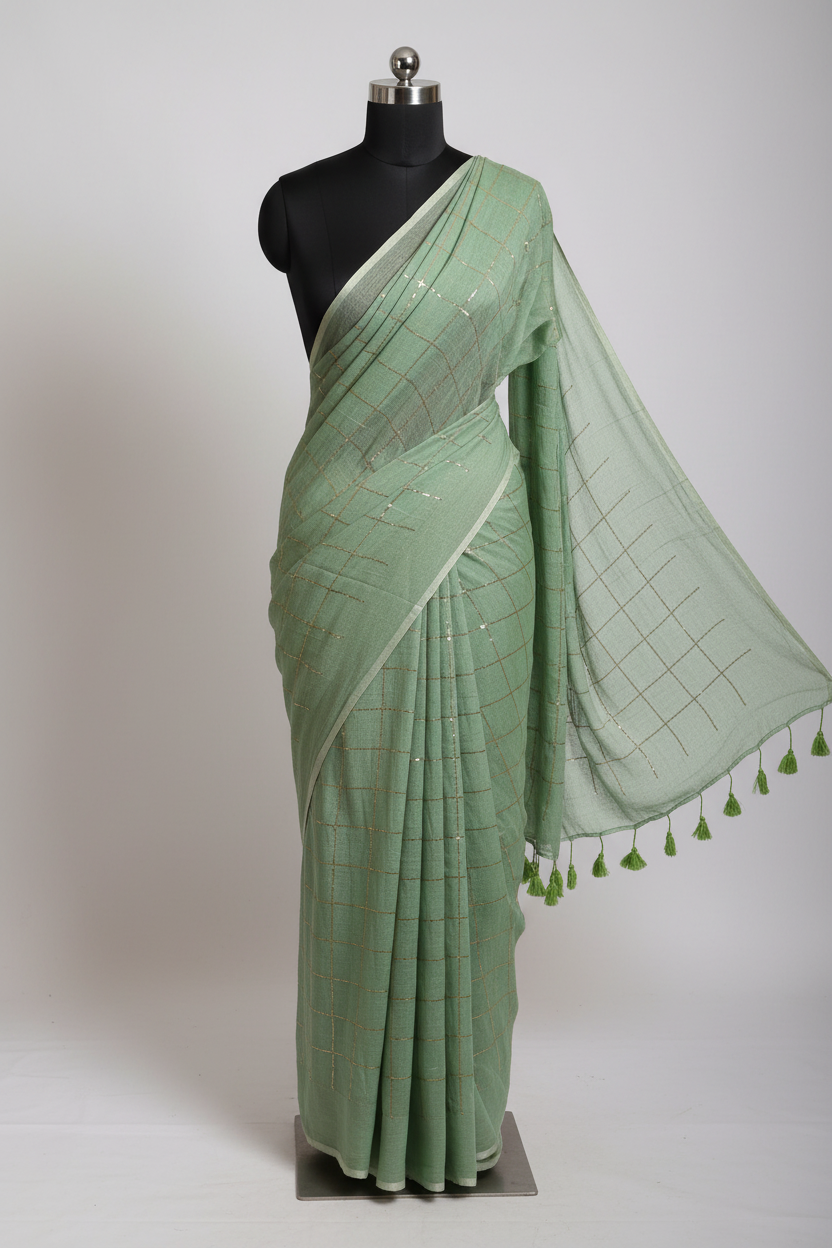 Sage green sequin mul cotton saree displayed on black mannequin showing elegant drape