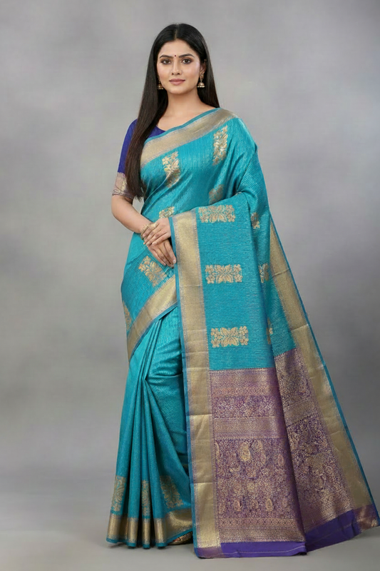 Turquoise Blue Saree with Golden Floral Butta & Purple Pink Zari Pallu - Model Wearing Full Drape