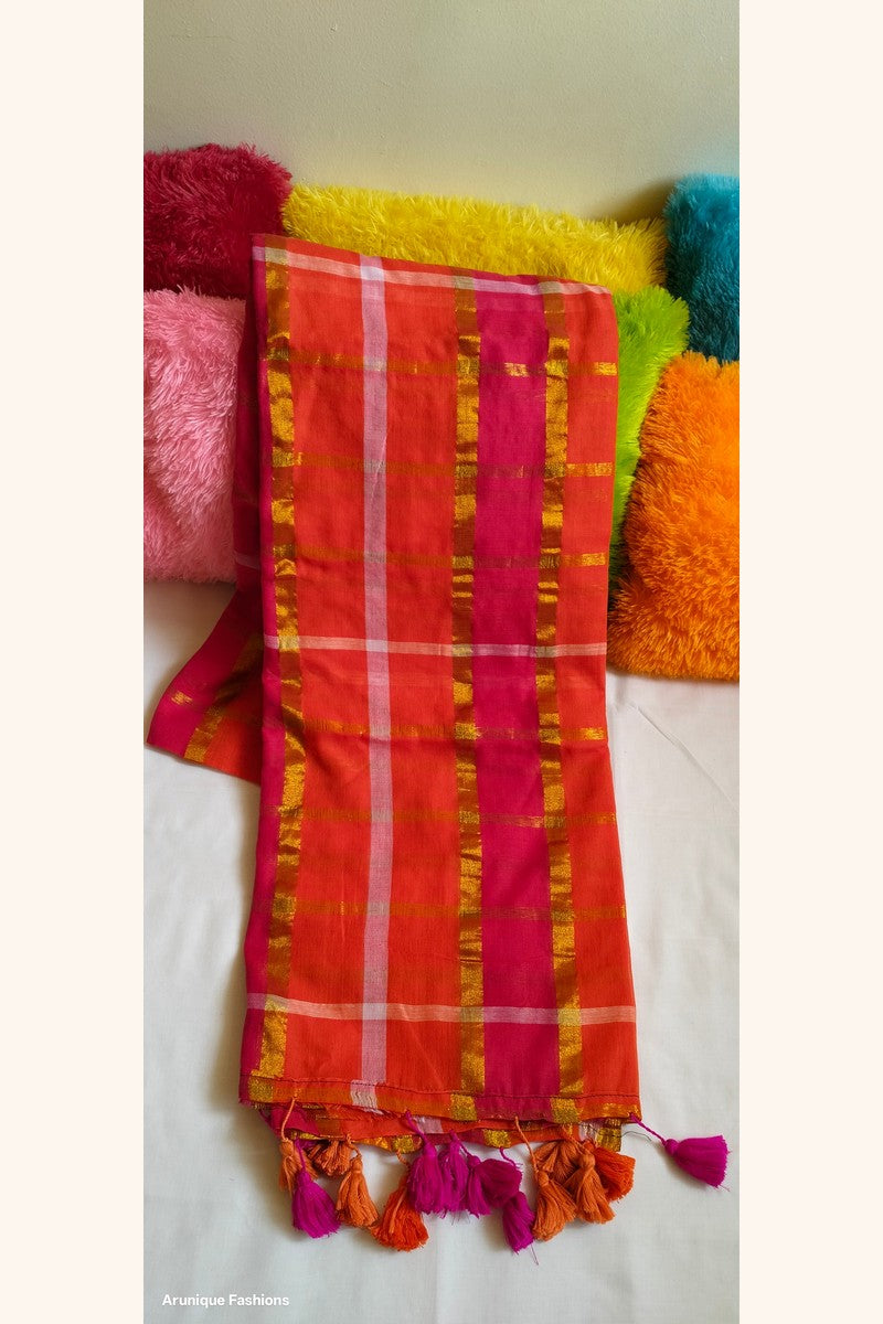 Orange and Pink Checks With Zari Mul Cotton Saree - Close-up View With Pillows In Background