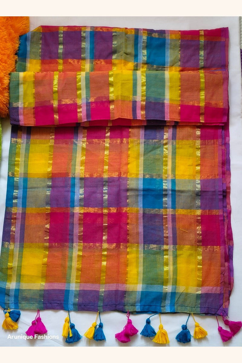 Close-up of multicolor zari rainbow checks mul cotton saree fabric