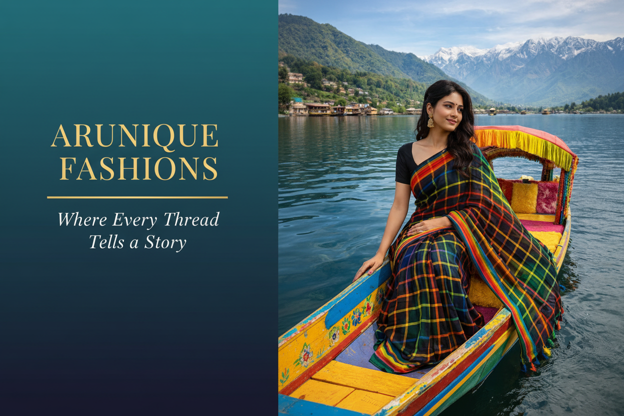 Woman in Checkered Saree on Shikara Boat in Kashmir