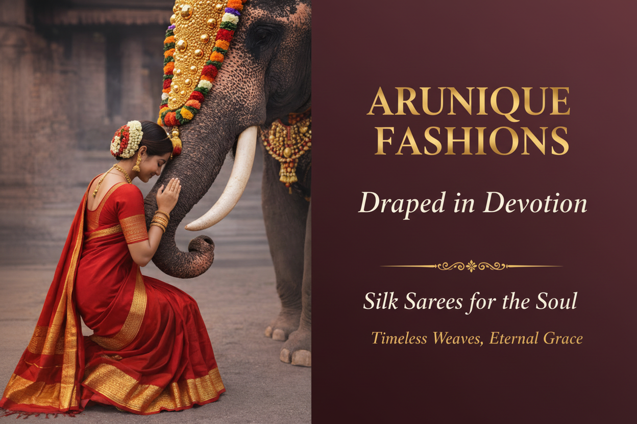 Woman in Red Silk Saree Praying at Temple with Decorated Elephant