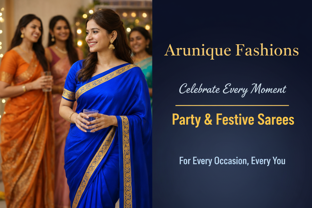 Woman in Royal Blue Saree at Festive Celebration with Friends