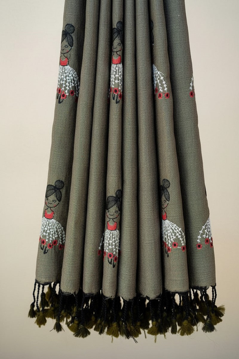 Pleats detail with dark tassels on snuff brown baby doll khadi saree