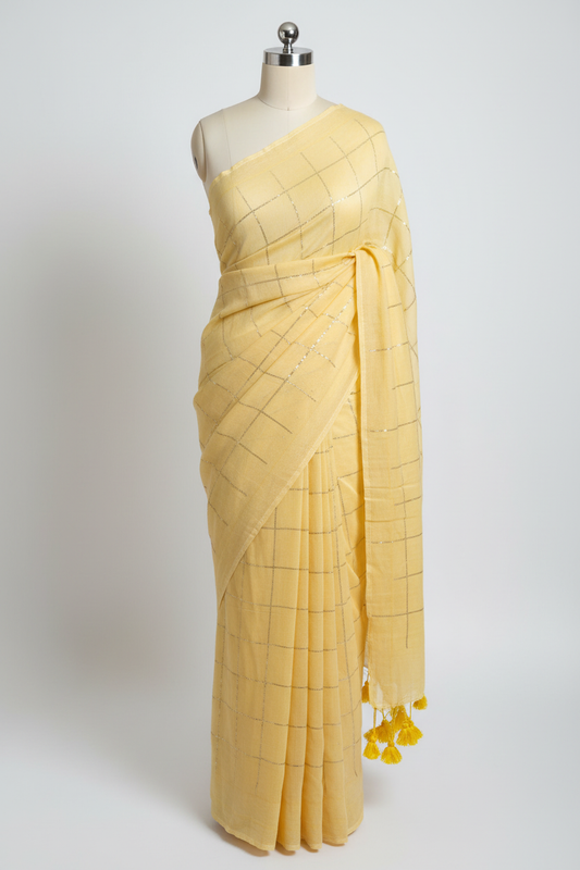 Soft pastel yellow sequin mul cotton saree displayed on white mannequin showing elegant drape with golden grid pattern