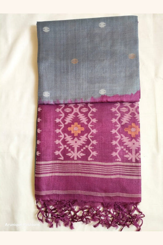 Pure Tussar Silk Saree in steel blue with magenta ikat border and pallu close-up view