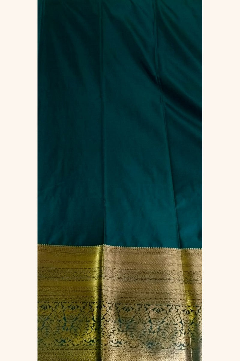 Teal Blue Striped Saree with Golden Zari Floral Motifs & Border - Blouse Close-up