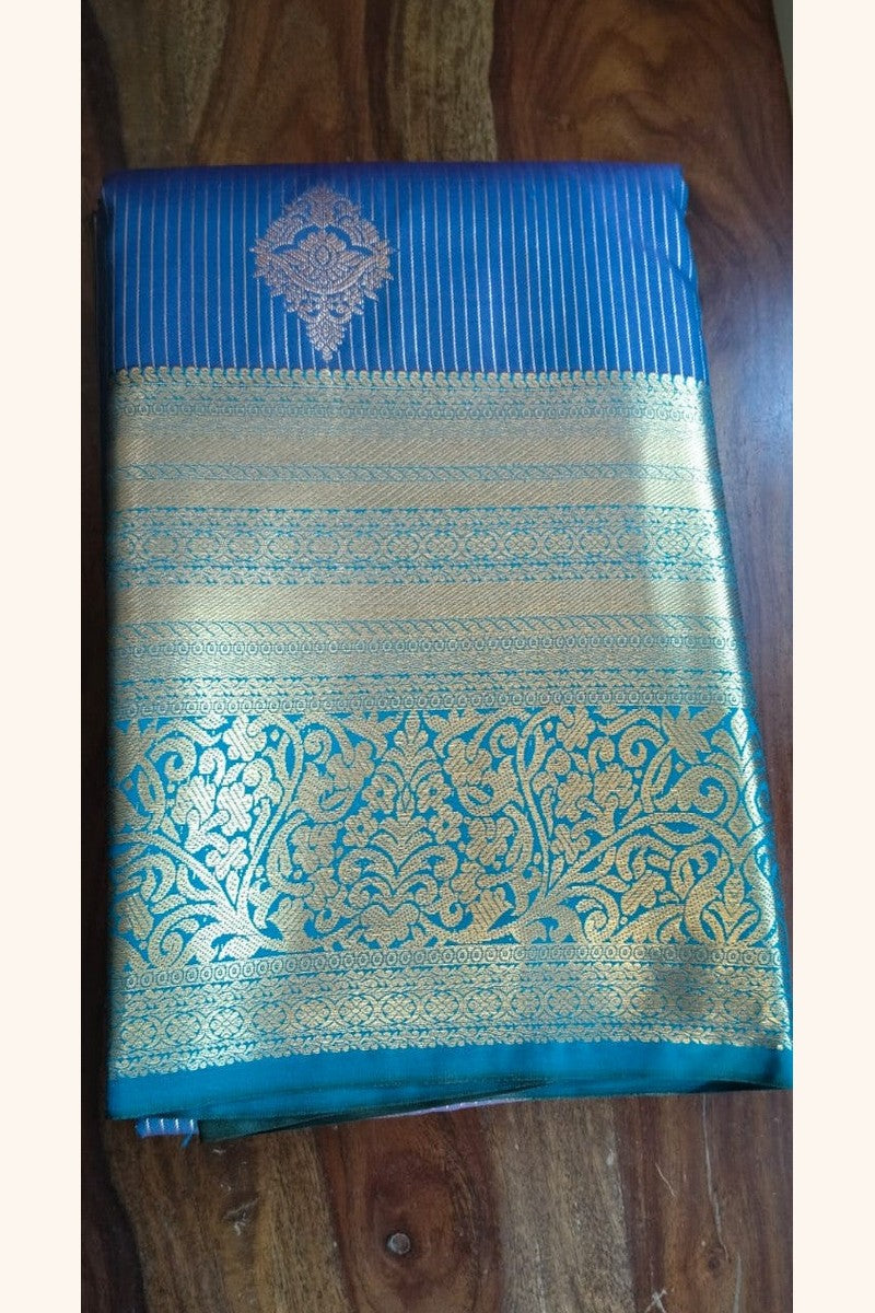Teal Blue Striped Saree with Golden Zari Floral Motifs & Border - Body and Border Close-up