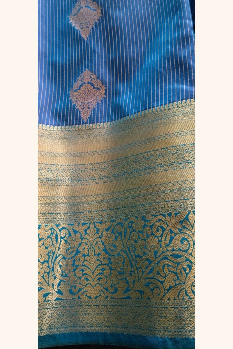 Teal Blue Striped Saree with Golden Zari Floral Motifs & Border - Body and Border Close-up View