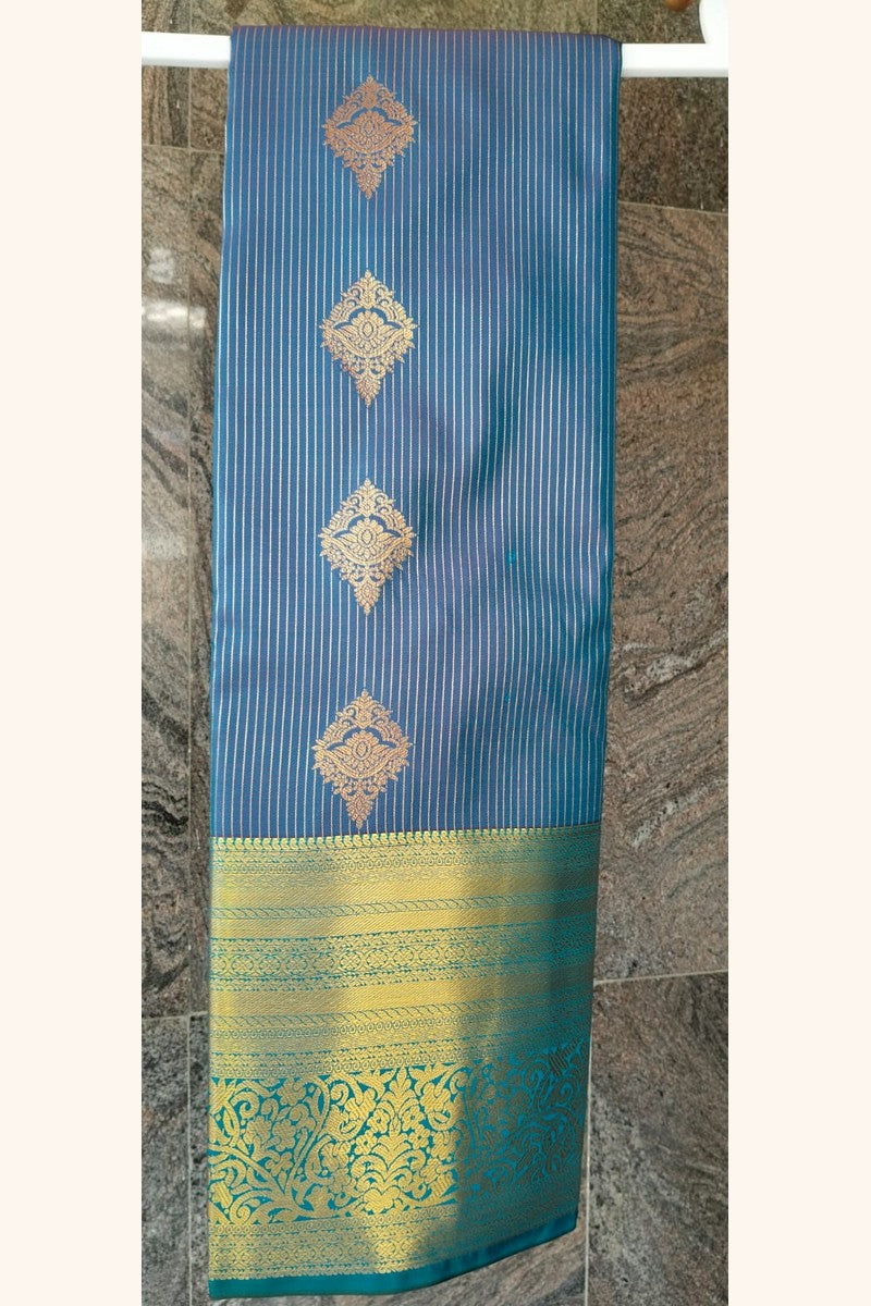 Teal Blue Striped Saree with Golden Zari Floral Motifs & Border - Body and Border Detail