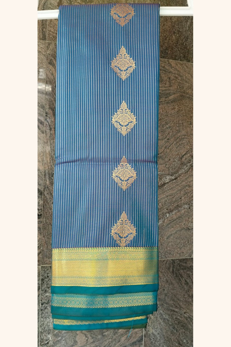 Teal Blue Striped Saree with Golden Zari Floral Motifs & Border - Body and Border Display