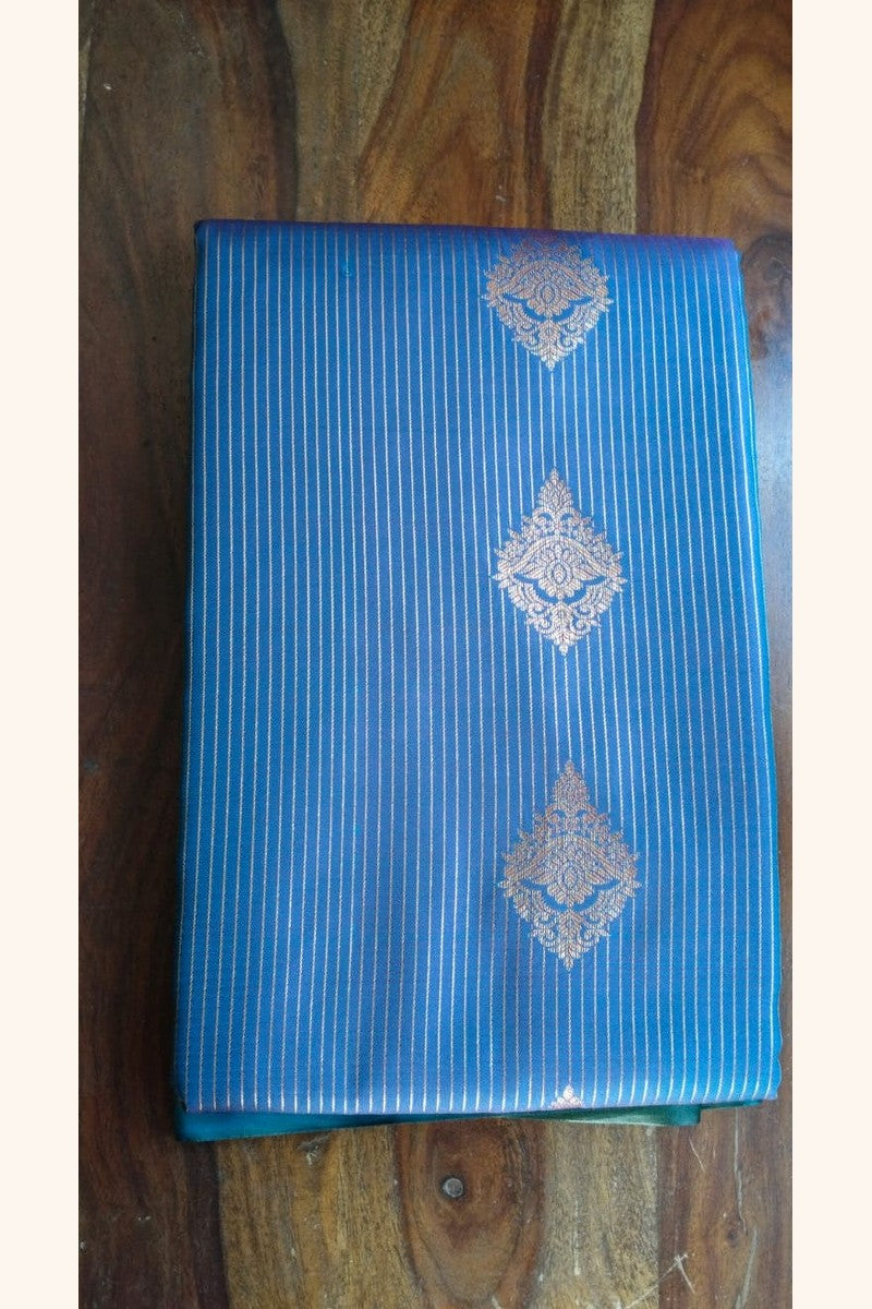 Teal Blue Striped Saree with Golden Zari Floral Motifs & Border - Body Close-up