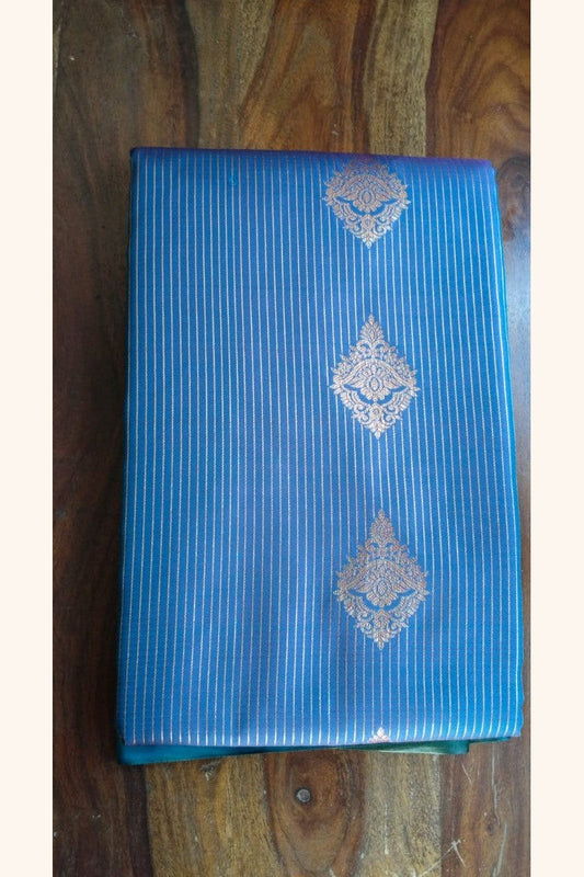 Teal Blue Striped Saree with Golden Zari Floral Motifs & Border - Body Close-up