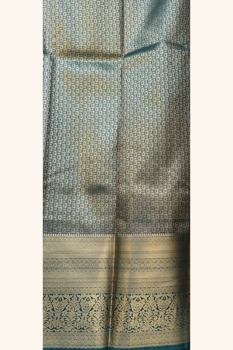 Teal Blue Striped Saree with Golden Zari Floral Motifs & Border - Pallu Close-up