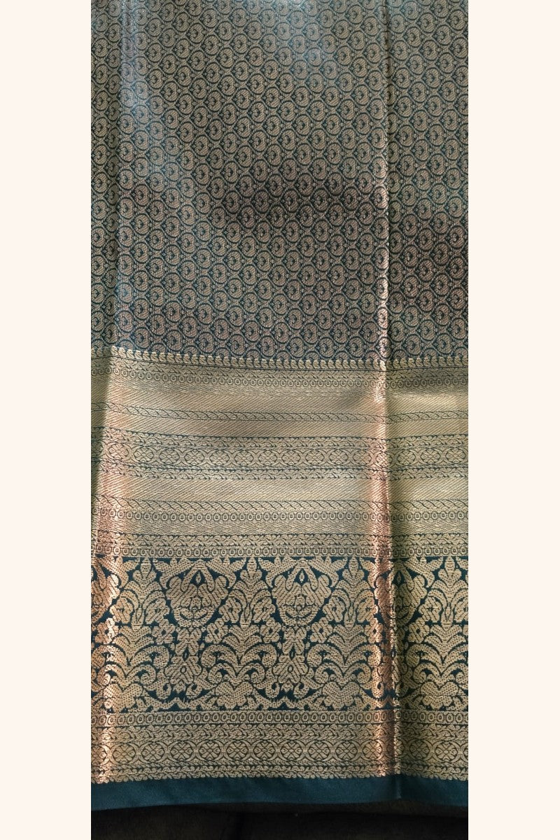 Teal Blue Striped Saree with Golden Zari Floral Motifs & Border - Pallu Detail View