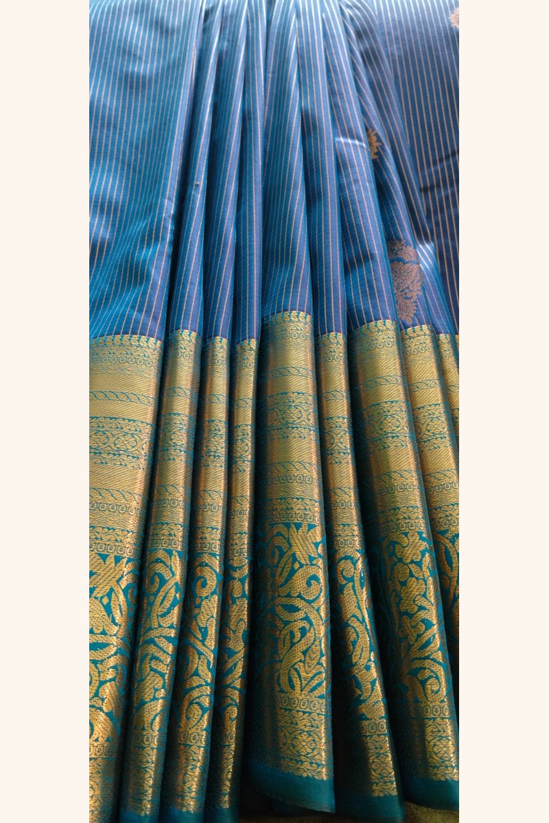 Teal Blue Striped Saree with Golden Zari Floral Motifs & Border - Pleats Detail