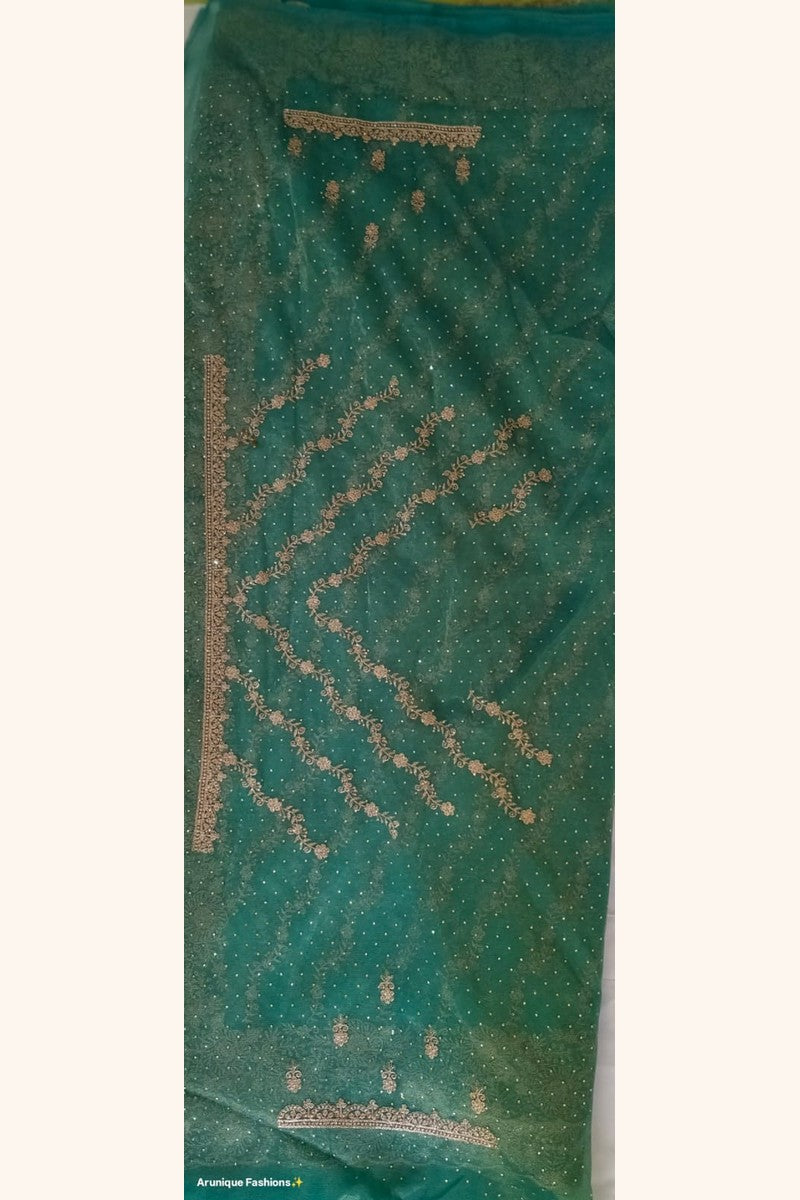 Teal green designer net saree - blouse detail