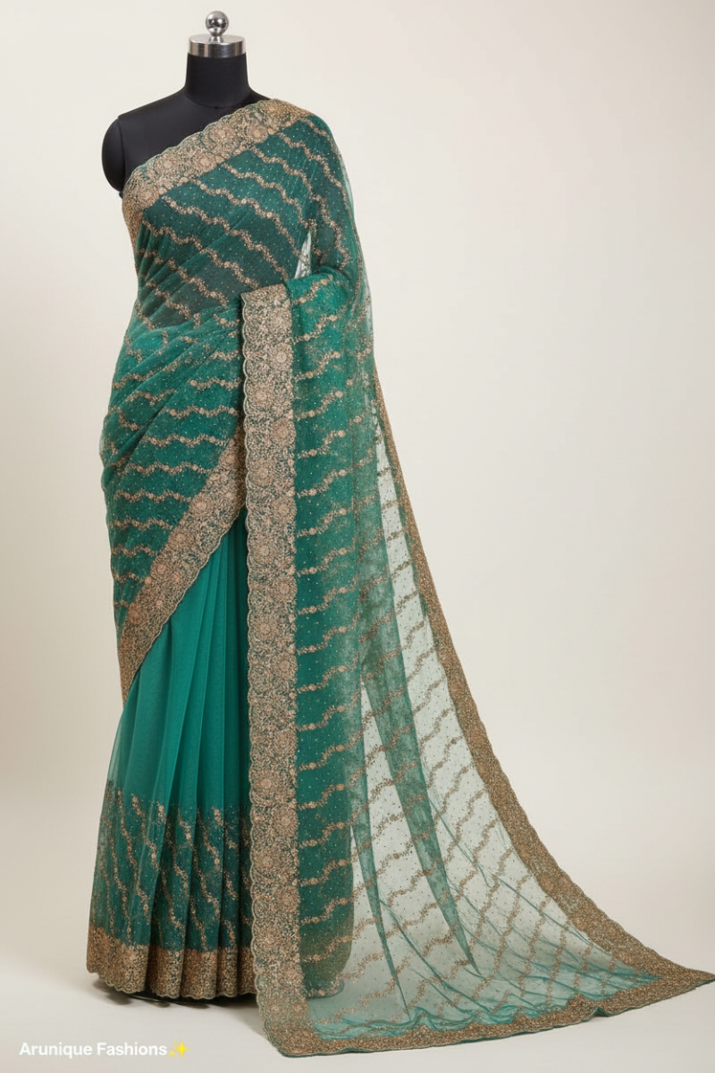 Teal green net saree - AI generated full embroidery pallu with gold zari floral motifs