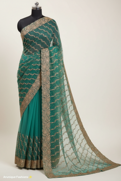 Teal green net saree - AI generated full embroidery pallu with gold zari floral motifs